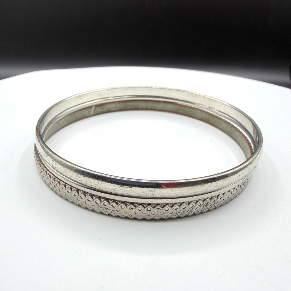 Set of 3 Silver Tone Bangle Bracelets Textured Smooth Stackable Boho Jewelry